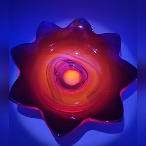 Vintage Fenton Amberina Glass Lotus Bowl, Glowing Cadmium Glass Scalloped Dish,